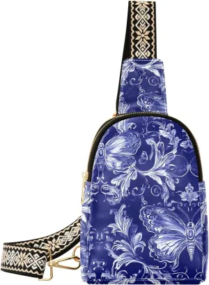 trendy Blue Vintage Butterfly hiking fanny pack leather womens crossbody fanny pack for travel