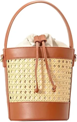 Trendy Rattan Woven Straw Bucket Tote Handbag with Shoulder & Crossbody Straps for Women's Summer Beach Outings