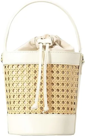 Trendy Rattan Woven Straw Bucket Tote Handbag with Shoulder & Crossbody Straps for Women's Summer Beach Outings