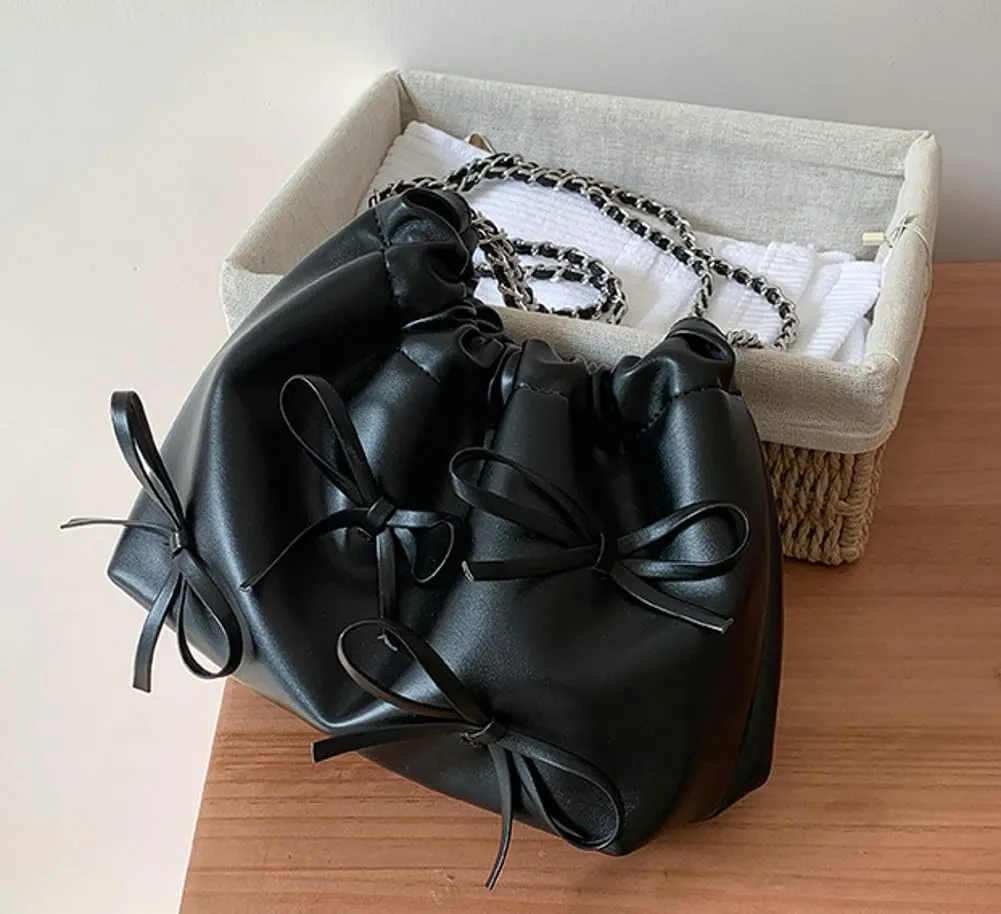 Trendy Small Purses Soft Leather Pleated Bucket Bags Shoulder Bag with Chain Cute Hobo Solid Shoulder Bags for Women