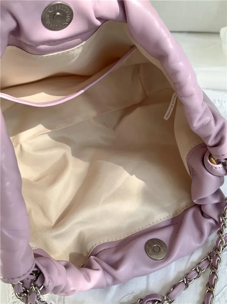 Trendy Small Purses Soft Leather Pleated Bucket Bags Shoulder Bag with Chain Cute Hobo Solid Shoulder Bags for Women