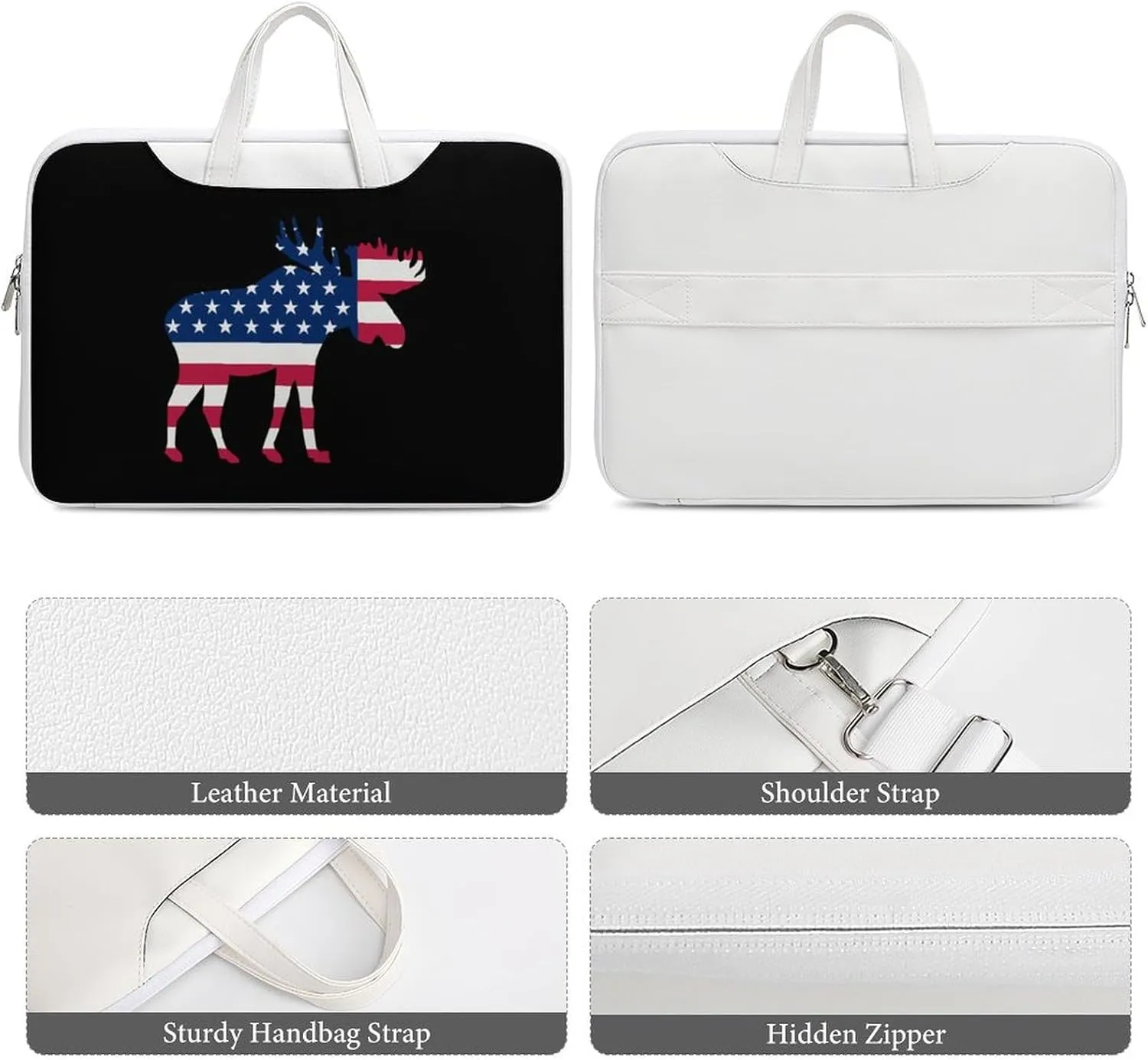 U.S.A Flag Moose Leather Bag Laptop Case Slim Water Resistant Computer Bags with Handle Briefcase for Work