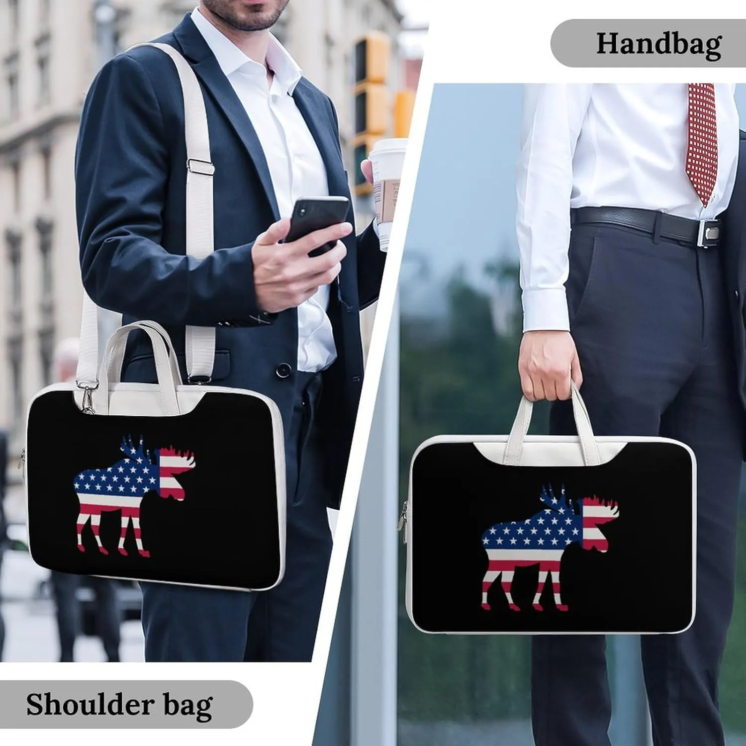 U.S.A Flag Moose Leather Bag Laptop Case Slim Water Resistant Computer Bags with Handle Briefcase for Work