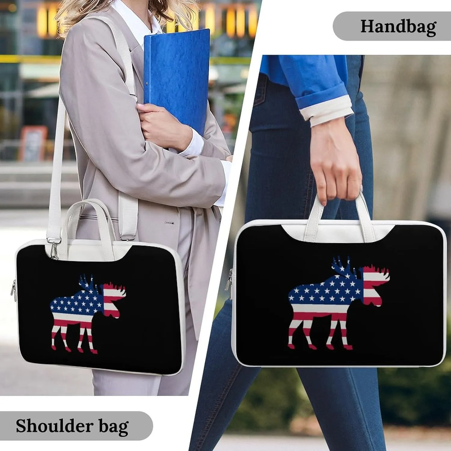 U.S.A Flag Moose Leather Bag Laptop Case Slim Water Resistant Computer Bags with Handle Briefcase for Work