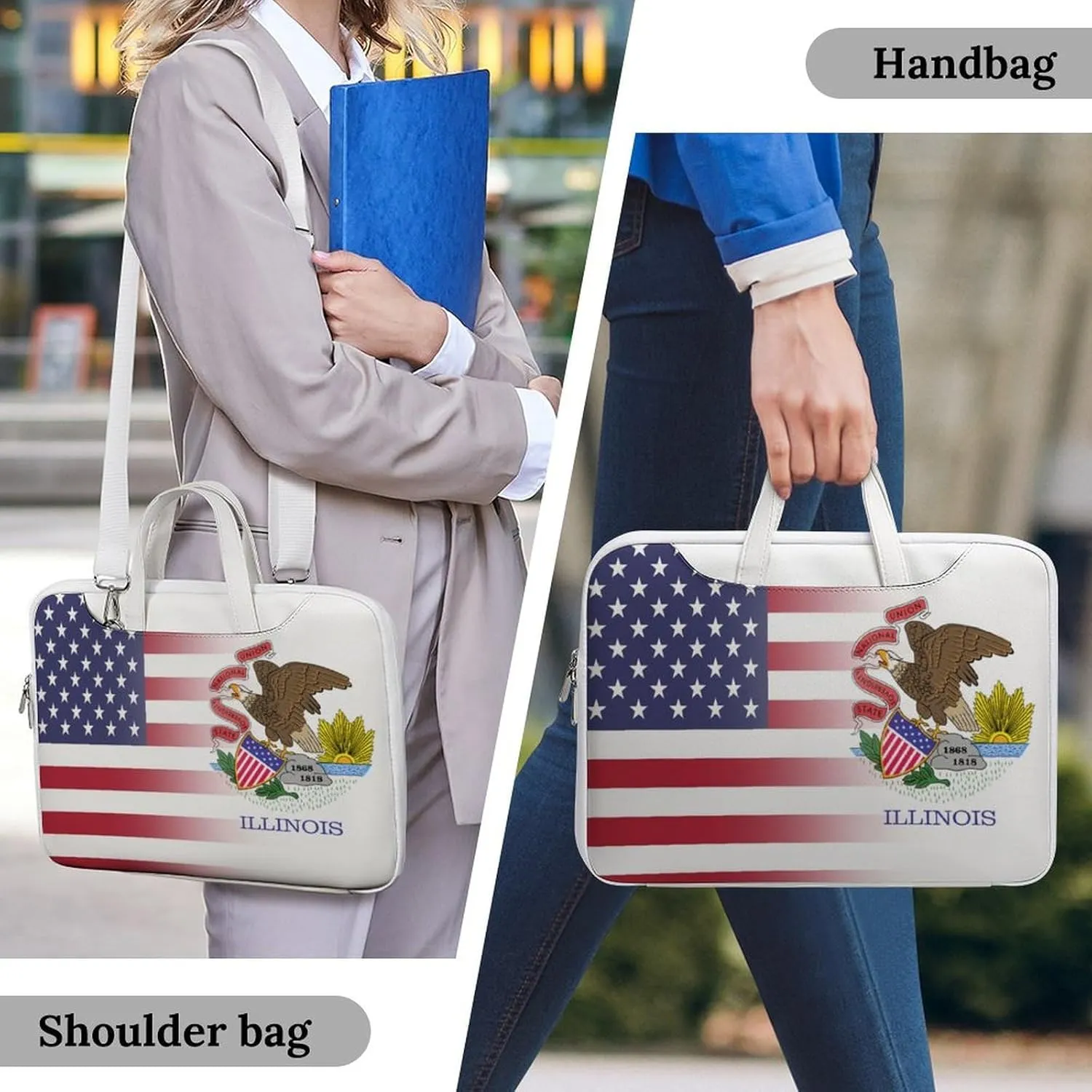 U.S.A Illinois State Flag Leather Bag Laptop Case Slim Water Resistant Computer Bags with Handle Briefcase for Work