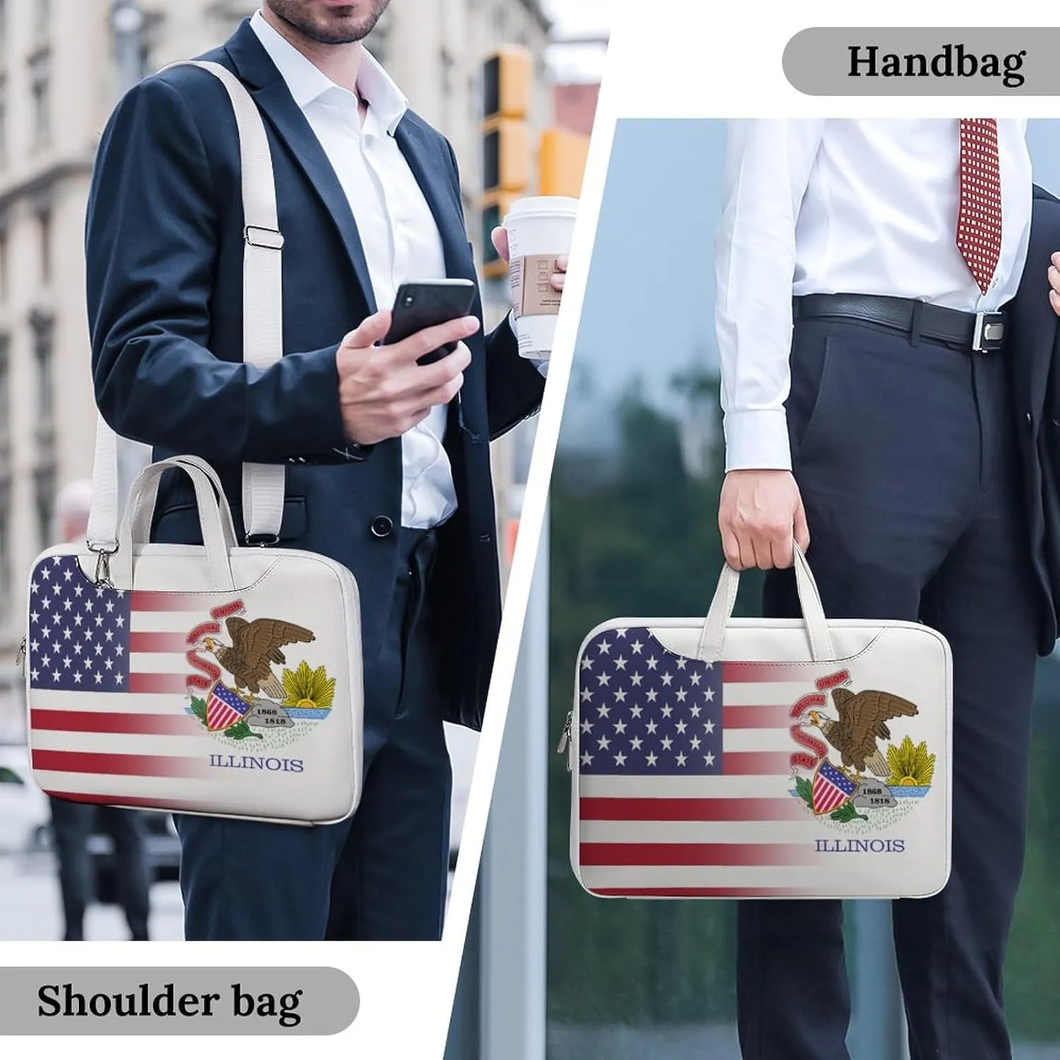 U.S.A Illinois State Flag Leather Bag Laptop Case Slim Water Resistant Computer Bags with Handle Briefcase for Work
