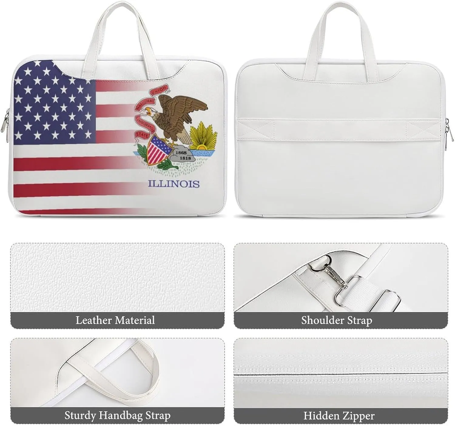 U.S.A Illinois State Flag Leather Bag Laptop Case Slim Water Resistant Computer Bags with Handle Briefcase for Work