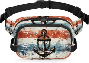 Vintage Anchor Flag Fanny Packs for Women Men Waterproof Crossbody Belt Bag Casual Chest Bag Fashion Waist Bags with Adjustable Strap for Travel Running Hiking Fishing