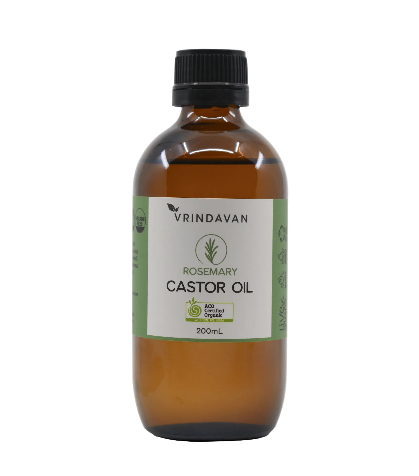 Vrindavan - Rosemary & Castor Oil Certified Organic - Amber Glass Bottle (200ml)