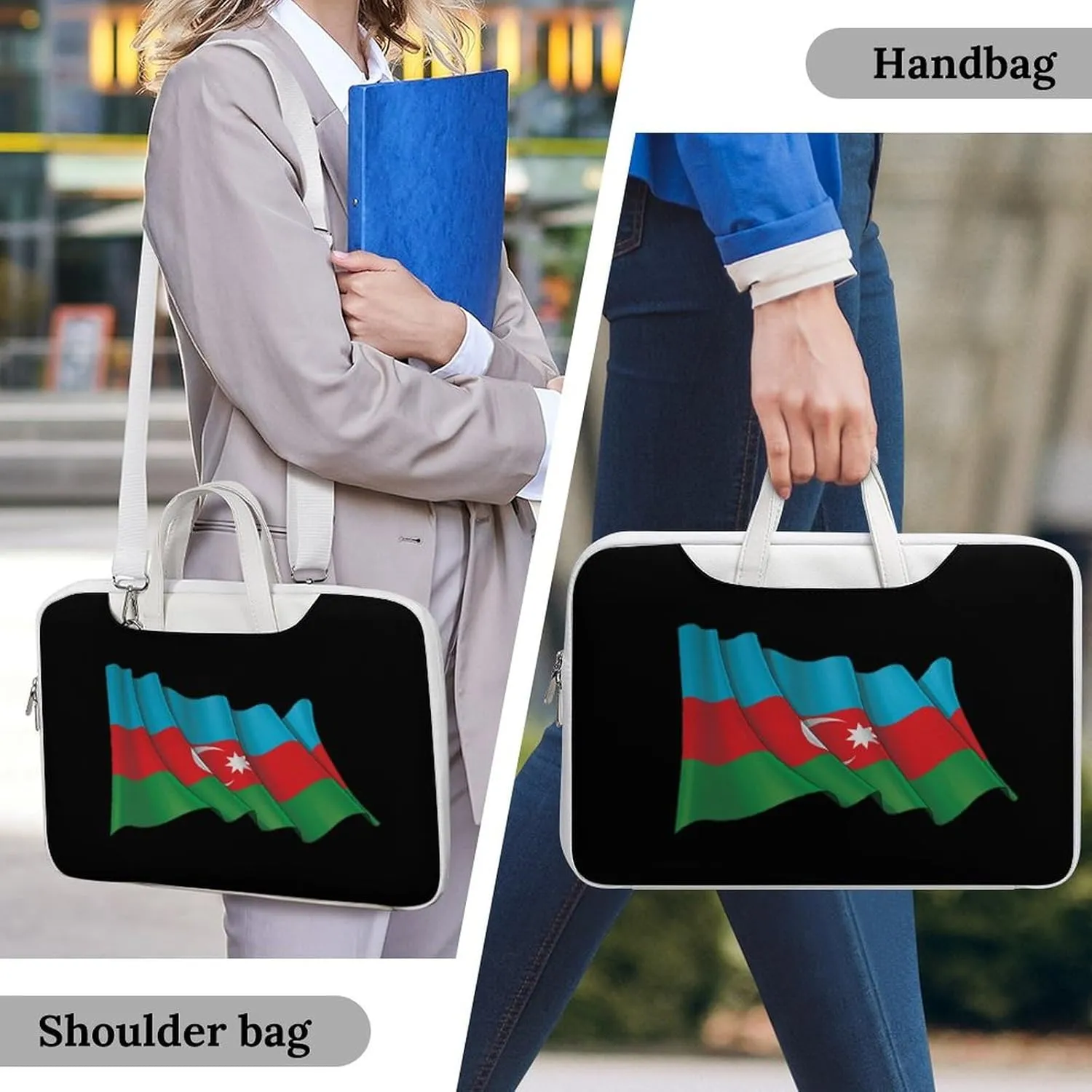 Waving Flag Azerbaijan Leather Bag Laptop Case Slim Water Resistant Computer Bags with Handle Briefcase for Work