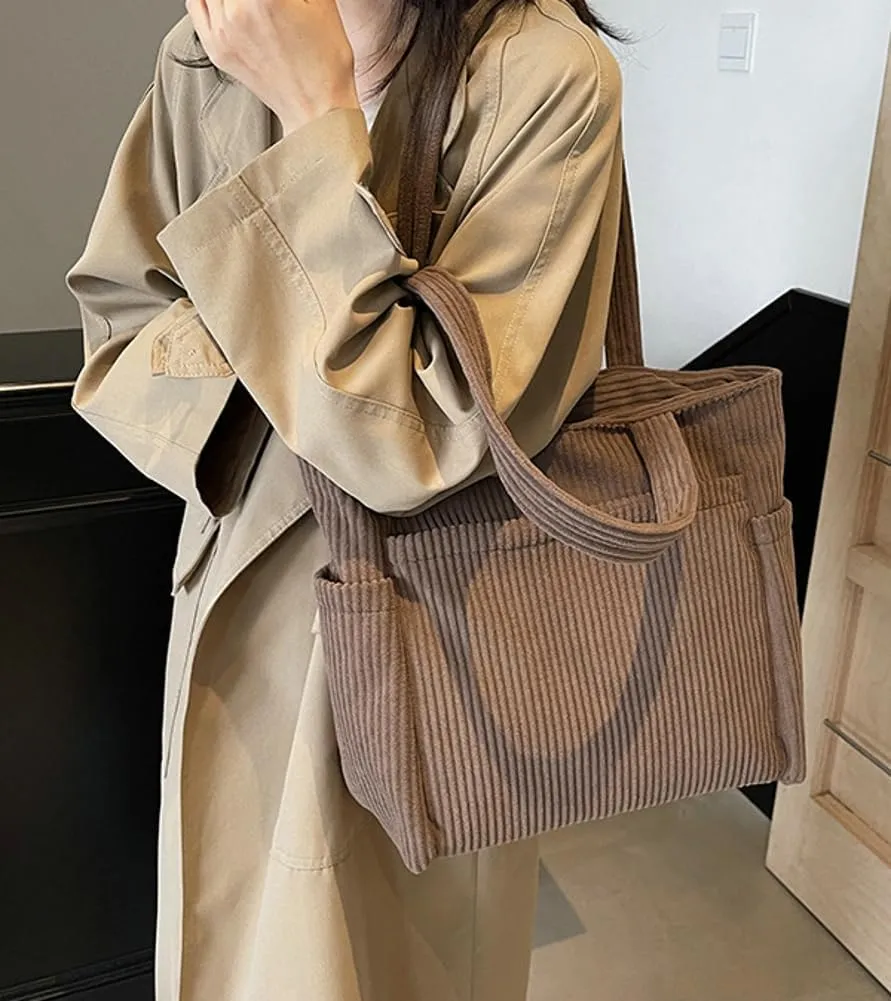 Women Corduroy Shoulder Bag Large Casual Hobo Bags Multi-pockets Work Tote Purse Handbag