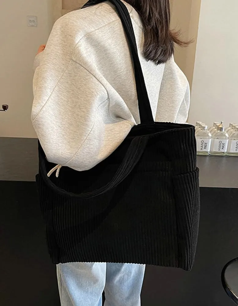 Women Corduroy Shoulder Bag Large Casual Hobo Bags Multi-pockets Work Tote Purse Handbag