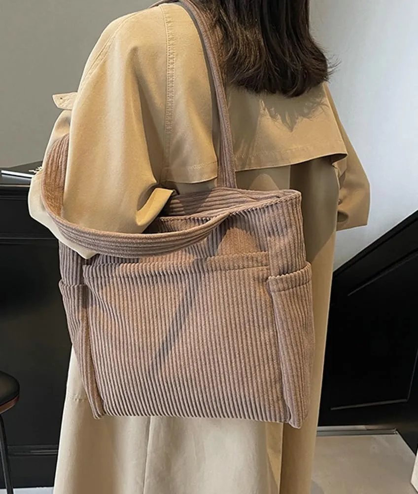 Women Corduroy Shoulder Bag Large Casual Hobo Bags Multi-pockets Work Tote Purse Handbag