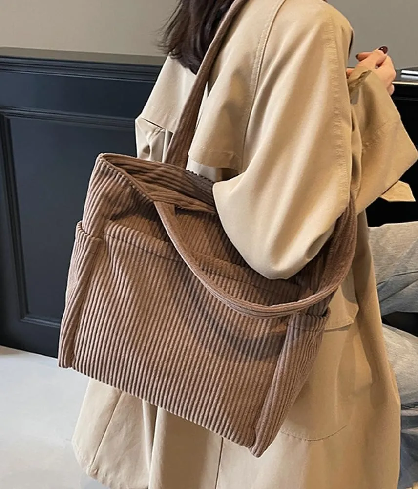 Women Corduroy Shoulder Bag Large Casual Hobo Bags Multi-pockets Work Tote Purse Handbag