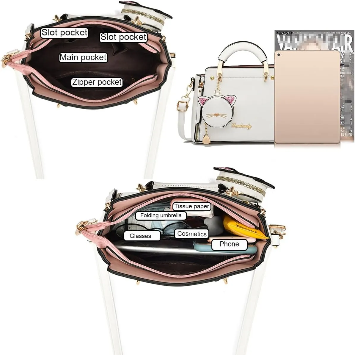 Women Fashion Handbag Luxury Designer Crossbody Purse Leather Satchel Shoulder Messenger Bag Tote with Cat Wallet