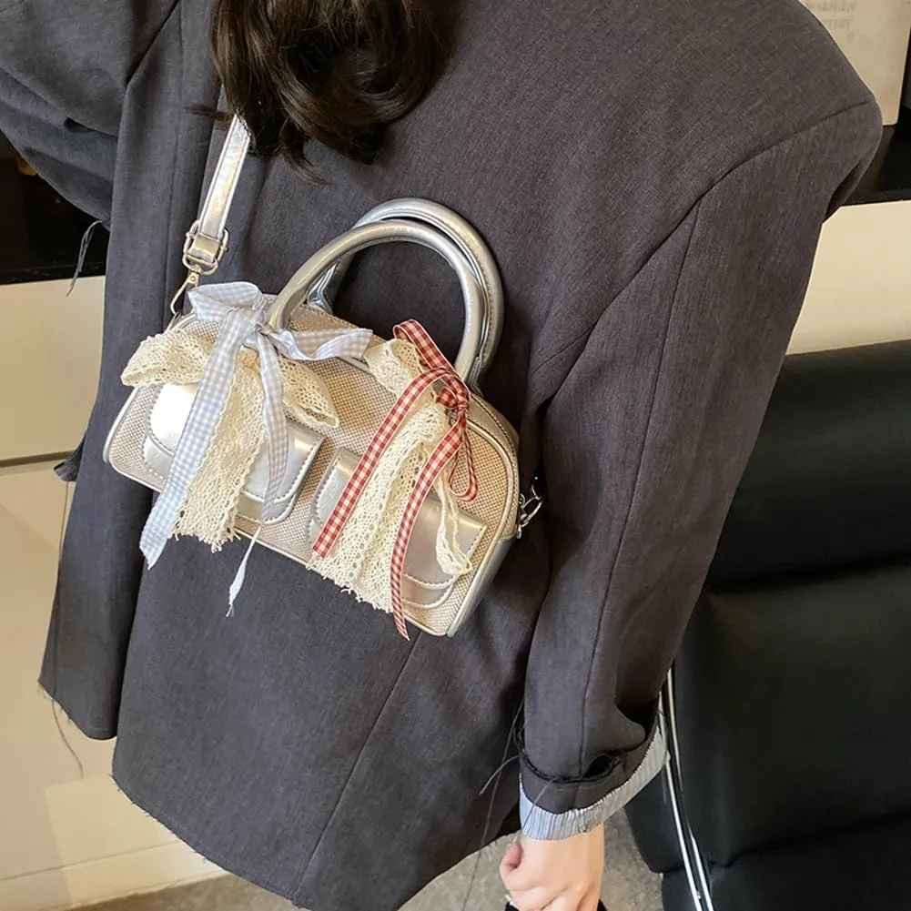 Women Woven Bag Bow Purse Y2k Ballet Hobo Purse Vintage Crossbody Bags Boston Handbags Trendy Satchel Sling Bag 2025 Fashion