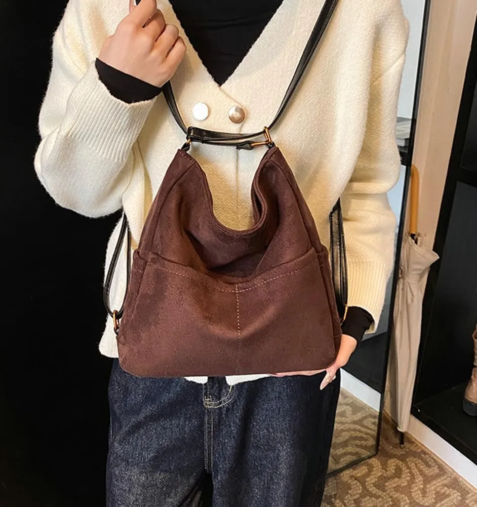 Womens Suede Hobo Bag Retro Suede Crossbody Purse Slouchy Suede Backpack Satchel Clutch Purse Office Tote Carryall