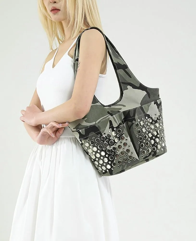 Y2k 90s Studded Hobo Bags Women PU Leather Punk Crescent Crossbody Purse Satchels Trendy Underarm Shoulder Tote Handbag