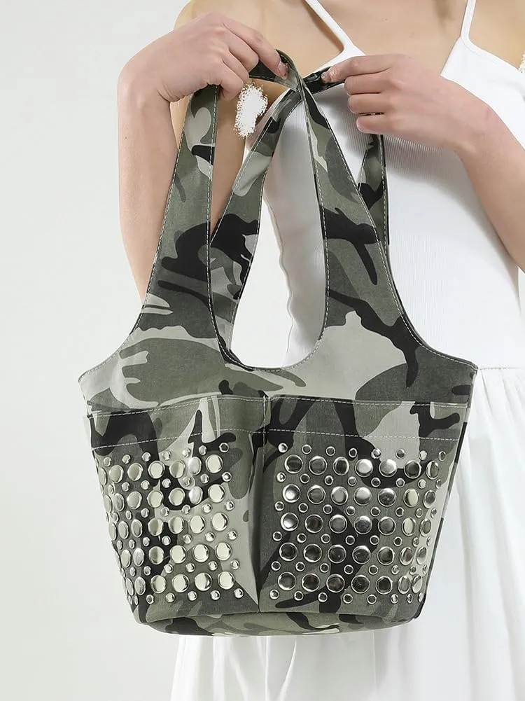 Y2k 90s Studded Hobo Bags Women PU Leather Punk Crescent Crossbody Purse Satchels Trendy Underarm Shoulder Tote Handbag