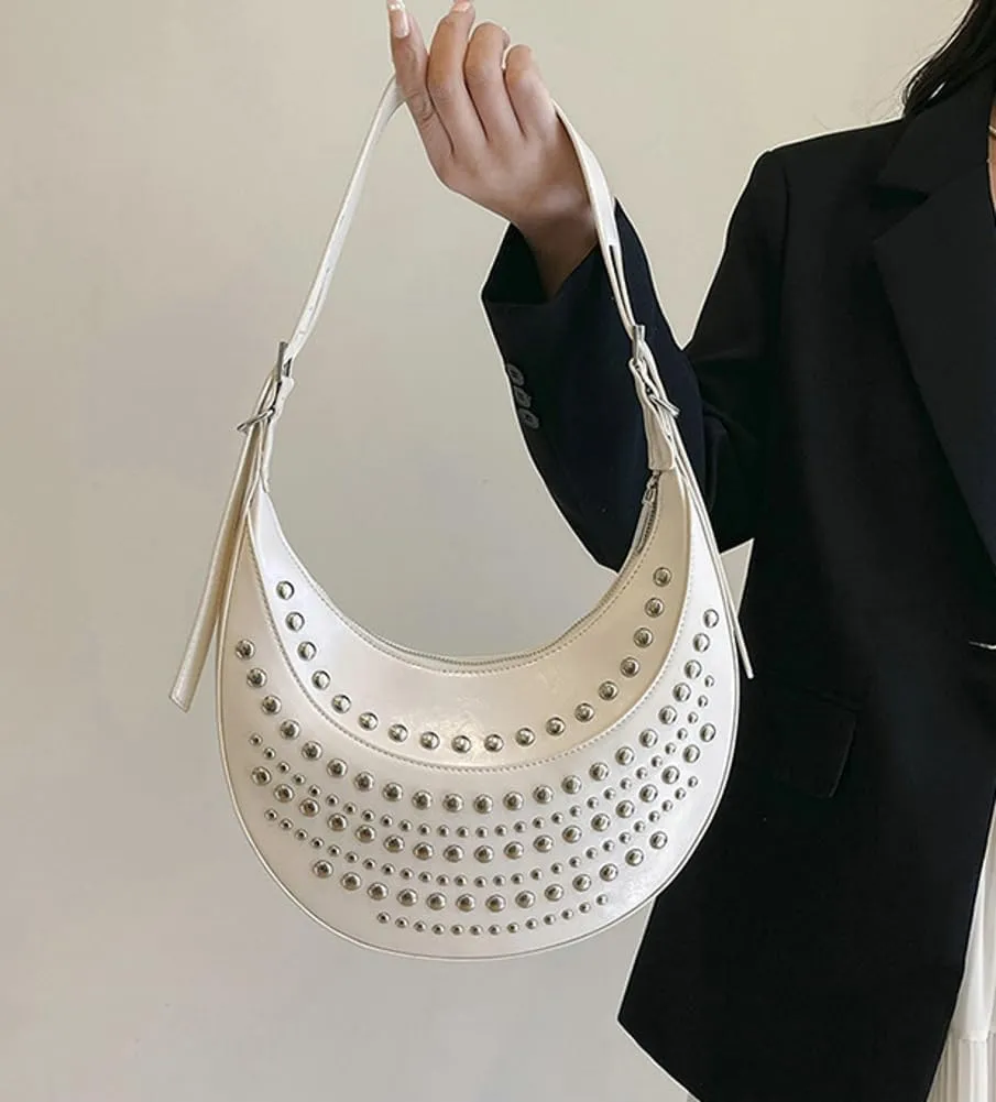 Y2k 90s Studded Hobo Bags Women PU Leather Punk Underarm Crescent Crossbody Purse Satchels Trendy Shoulder Tote Handbag