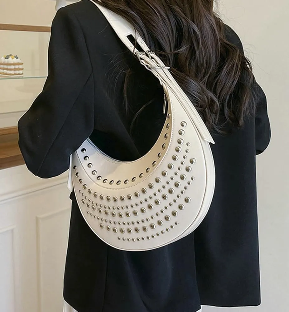Y2k 90s Studded Hobo Bags Women PU Leather Punk Underarm Crescent Crossbody Purse Satchels Trendy Shoulder Tote Handbag