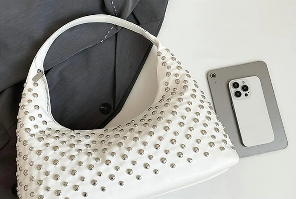 Y2k 90s Studded Hobo Bags Women Punk PU Leather Underarm Crescent Crossbody Purse Trendy Satchels Shoulder Tote Handbag