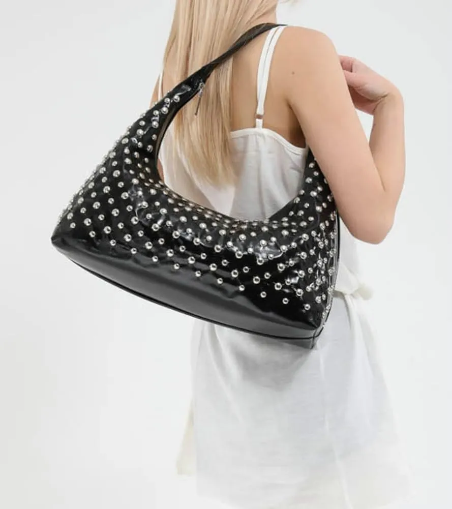 Y2k 90s Studded Hobo Bags Women Punk PU Leather Underarm Crescent Crossbody Purse Trendy Satchels Shoulder Tote Handbag