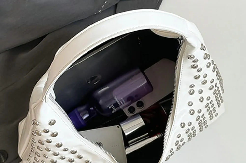 Y2k 90s Studded Hobo Bags Women Punk PU Leather Underarm Crescent Crossbody Purse Trendy Satchels Shoulder Tote Handbag