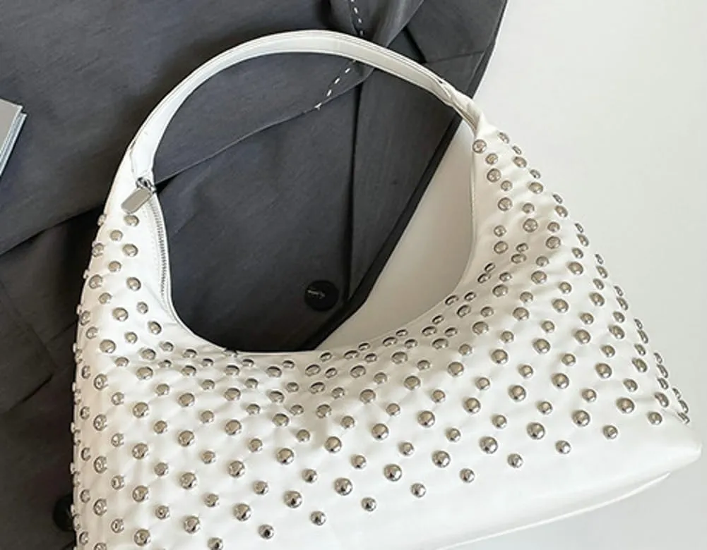 Y2k 90s Studded Hobo Bags Women Punk PU Leather Underarm Crescent Crossbody Purse Trendy Satchels Shoulder Tote Handbag