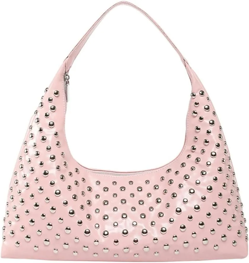 Y2k 90s Studded Hobo Bags Women Punk PU Leather Underarm Crescent Crossbody Purse Trendy Satchels Shoulder Tote Handbag