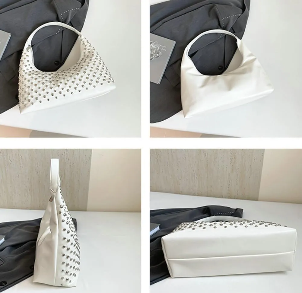 Y2k 90s Studded Hobo Bags Women Punk PU Leather Underarm Crescent Crossbody Purse Trendy Satchels Shoulder Tote Handbag