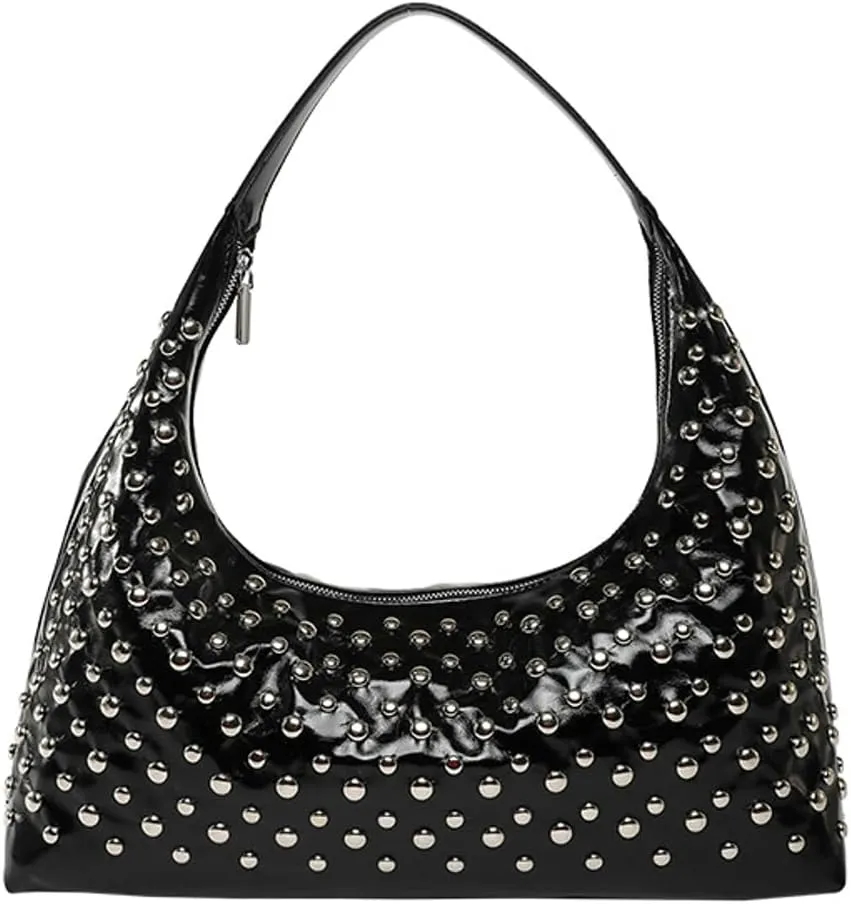Y2k 90s Studded Hobo Bags Women Punk PU Leather Underarm Crescent Crossbody Purse Trendy Satchels Shoulder Tote Handbag
