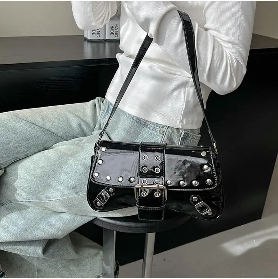 Y2k Crescent Hobo Bags Women 90s PU Leather Punk Underarm Shoulder Bag Cute Trendy Crossbody Purse Retro Tote Handbag