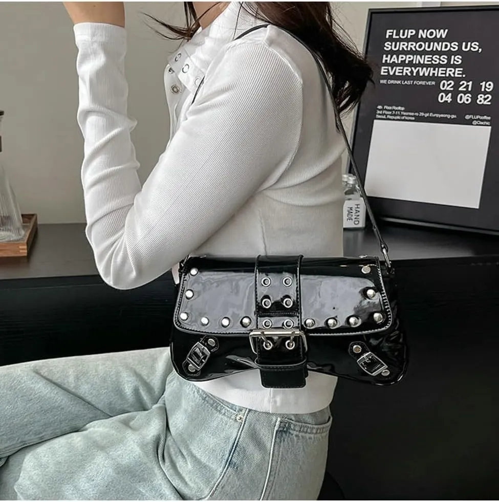Y2k Crescent Hobo Bags Women 90s PU Leather Punk Underarm Shoulder Bag Cute Trendy Crossbody Purse Retro Tote Handbag