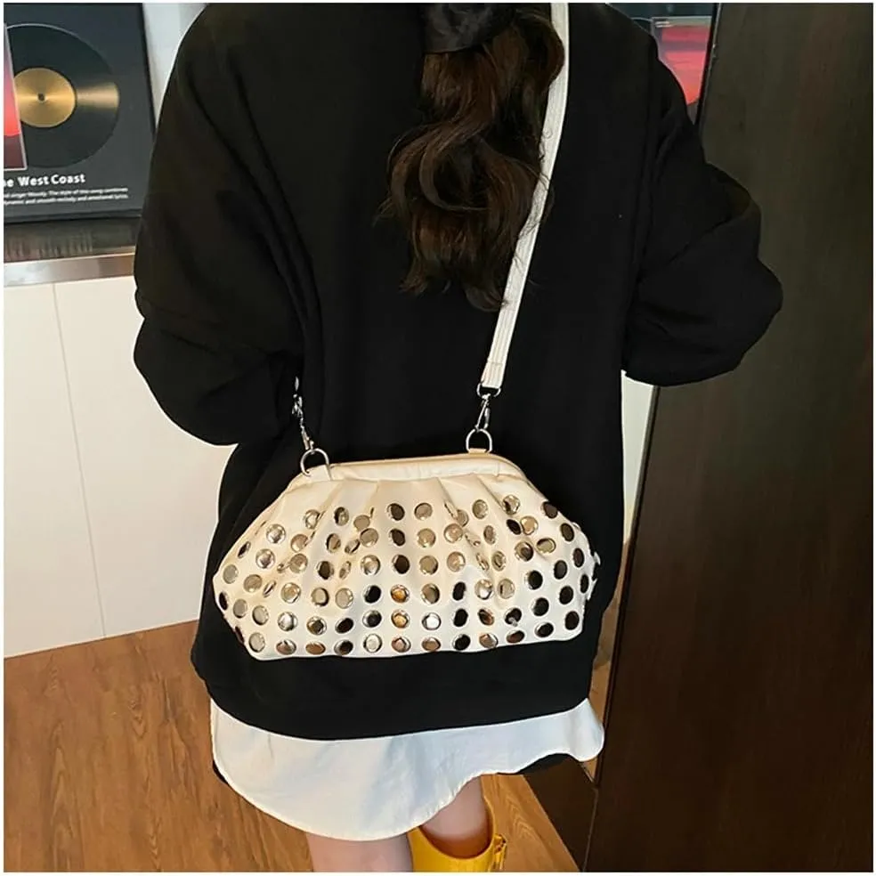 Y2k Studded Crescent Crossbody Purse Hobo Bags Women 90s Trendy Shoulder Satchels PU Leather Punk Underarm Tote Handbag