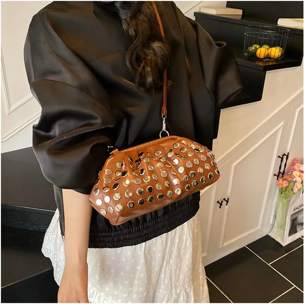 Y2k Studded Crescent Crossbody Purse Hobo Bags Women 90s Trendy Shoulder Satchels PU Leather Punk Underarm Tote Handbag
