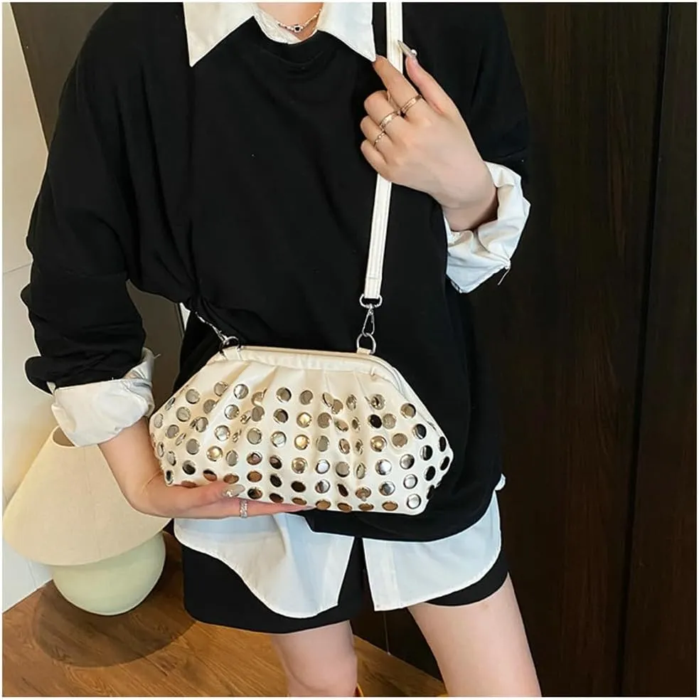 Y2k Studded Crescent Crossbody Purse Hobo Bags Women 90s Trendy Shoulder Satchels PU Leather Punk Underarm Tote Handbag