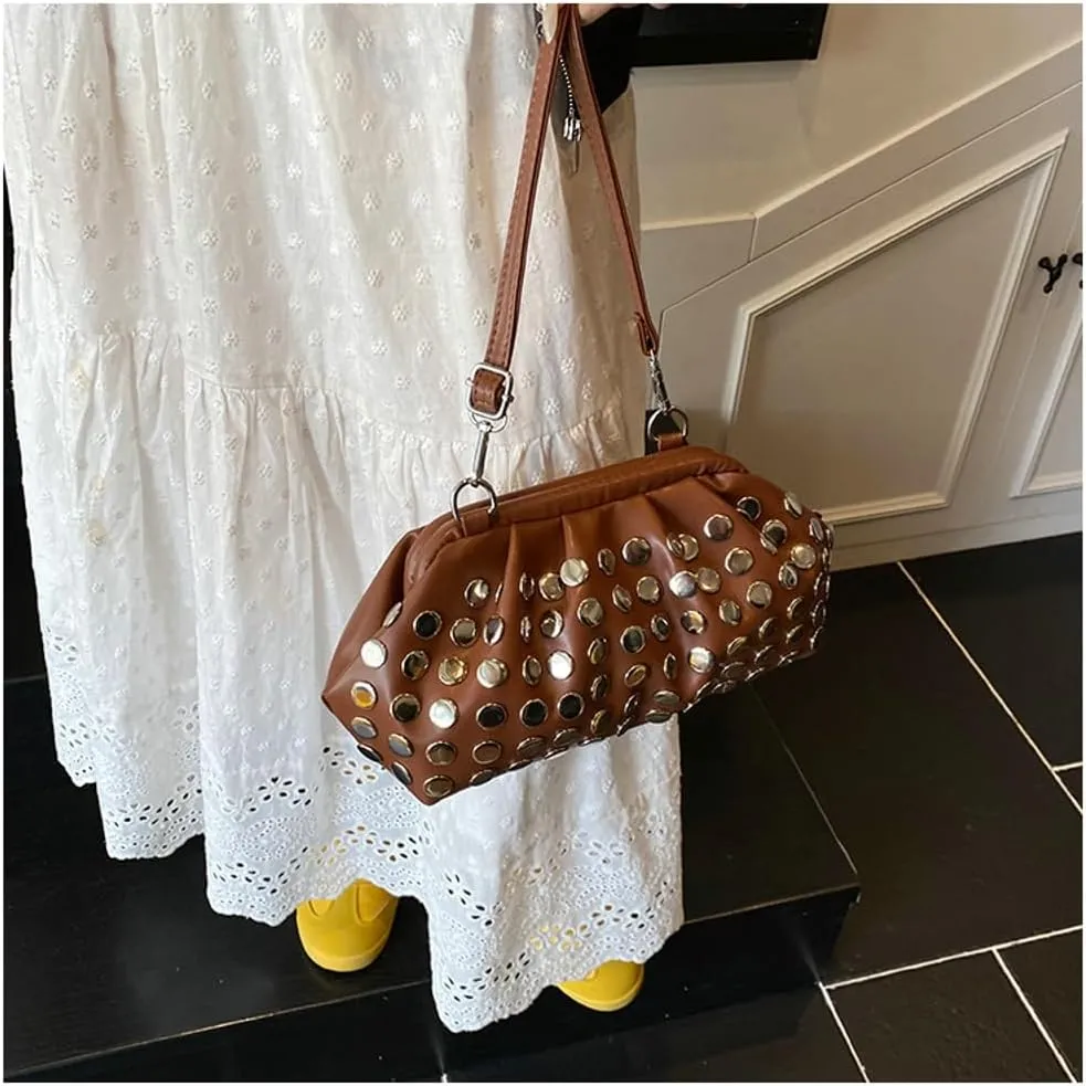 Y2k Studded Crescent Crossbody Purse Hobo Bags Women 90s Trendy Shoulder Satchels PU Leather Punk Underarm Tote Handbag