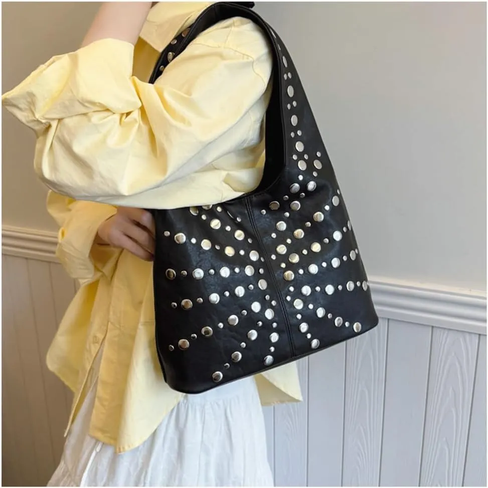 Y2k Studded Crescent Crossbody Purse Women 90s PU Leather Hobo Bags Trendy Shoulder Satchels Punk Underarm Tote Handbag