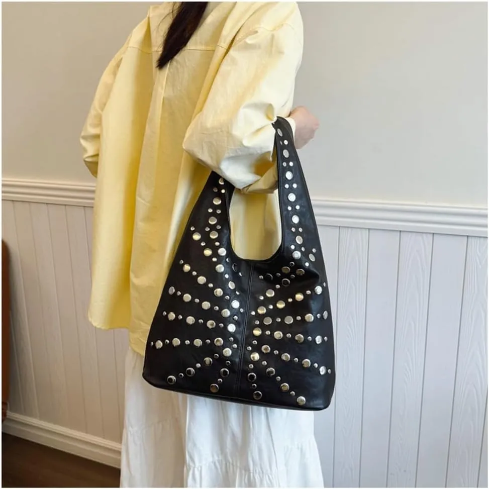 Y2k Studded Crescent Crossbody Purse Women 90s PU Leather Hobo Bags Trendy Shoulder Satchels Punk Underarm Tote Handbag