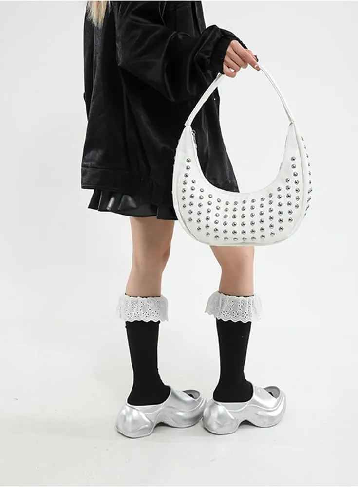 Y2k Studded Crescent Crossbody Purse Women PU Leather Hobo Bags 90s Trendy Shoulder Satchels Punk Underarm Tote Handbag