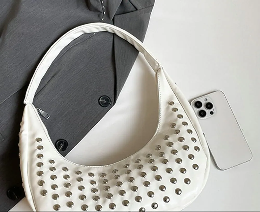 Y2k Studded Crescent Crossbody Purse Women PU Leather Hobo Bags 90s Trendy Shoulder Satchels Punk Underarm Tote Handbag