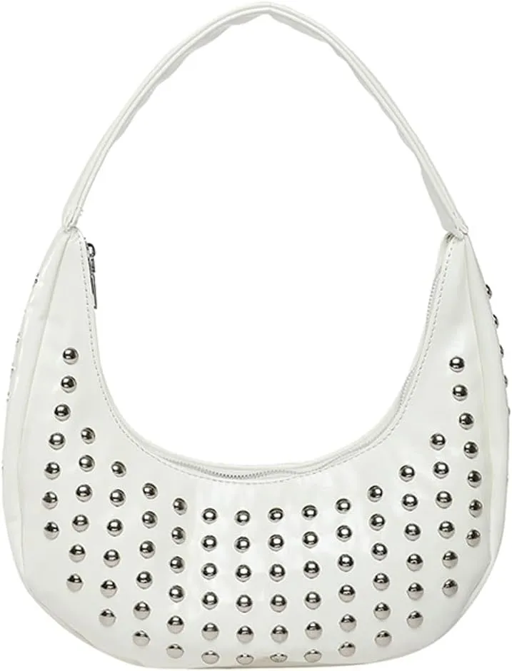 Y2k Studded Crescent Crossbody Purse Women PU Leather Hobo Bags 90s Trendy Shoulder Satchels Punk Underarm Tote Handbag