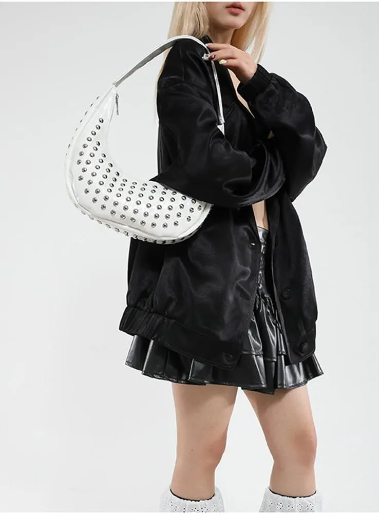 Y2k Studded Crescent Crossbody Purse Women PU Leather Hobo Bags 90s Trendy Shoulder Satchels Punk Underarm Tote Handbag