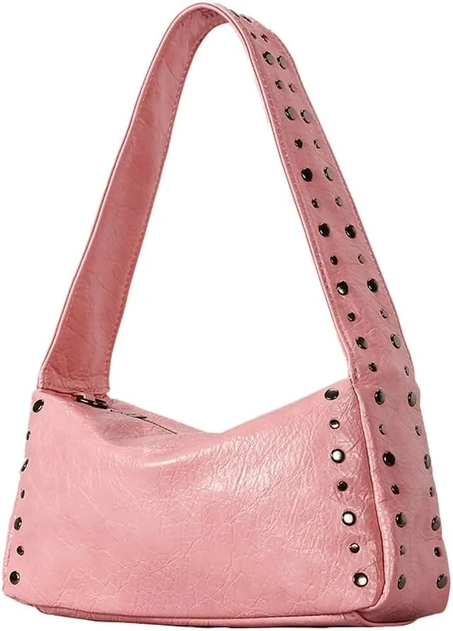 Y2k Studded Hobo Bags Women Trendy Punk 90s PU Leather Underarm Crescent Crossbody Purse Shoulder Satchels Tote Handbag