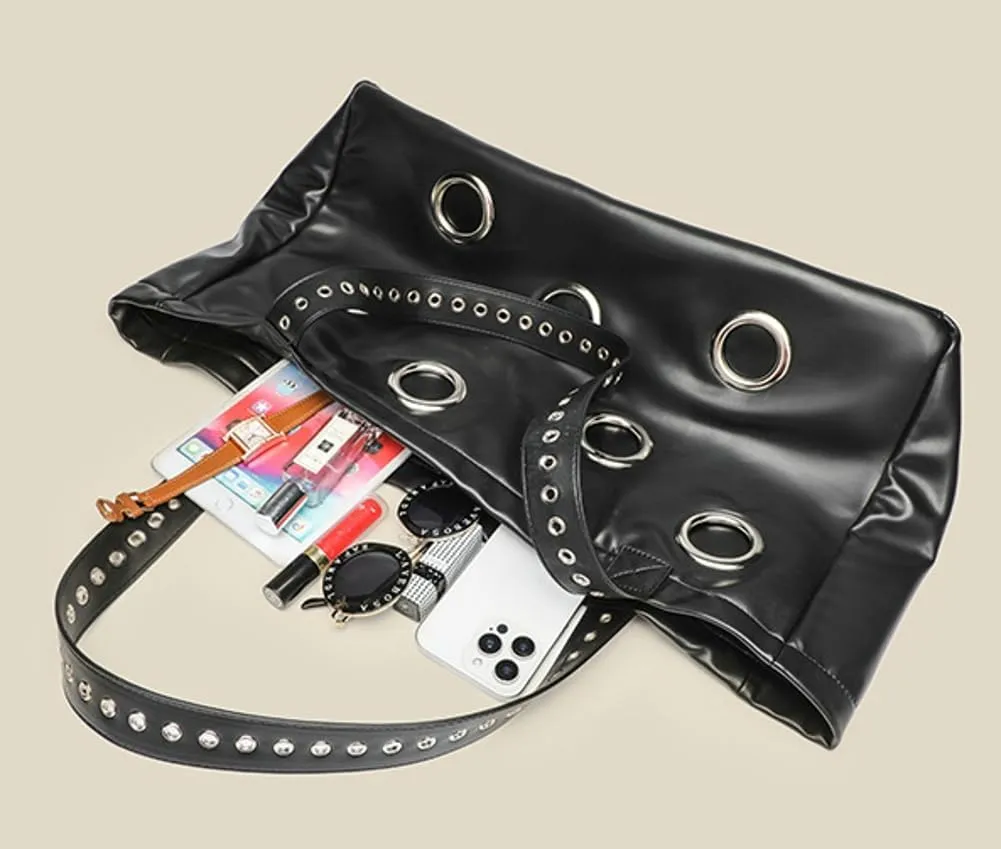 Y2k Studded Tote Hobo Bags Women 90s PU Leather Crescent Crossbody Purse Trendy Shoulder Satchels Punk Underarm Handbag