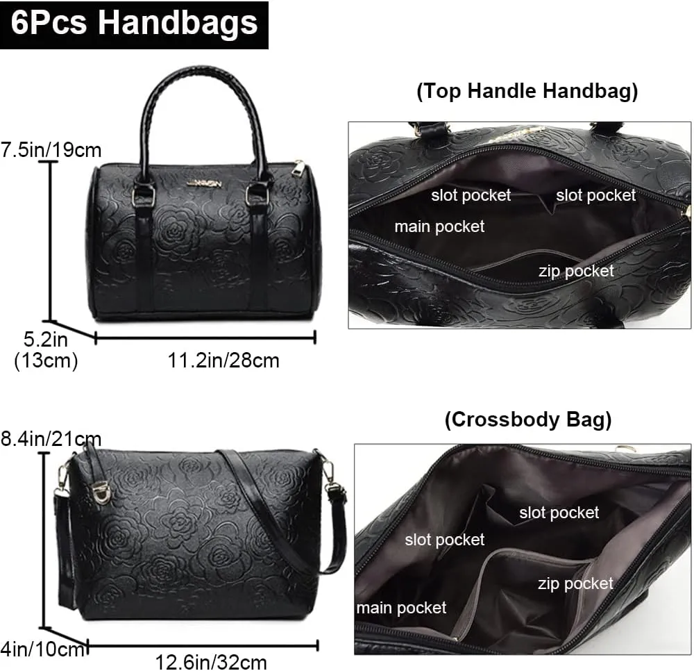 ZiMing Women Handbags Set 6Pcs Floral Print Leather Purses Tote Bags Top Handle Handbag Satchel Shoulder Crossbody Bag Wallet