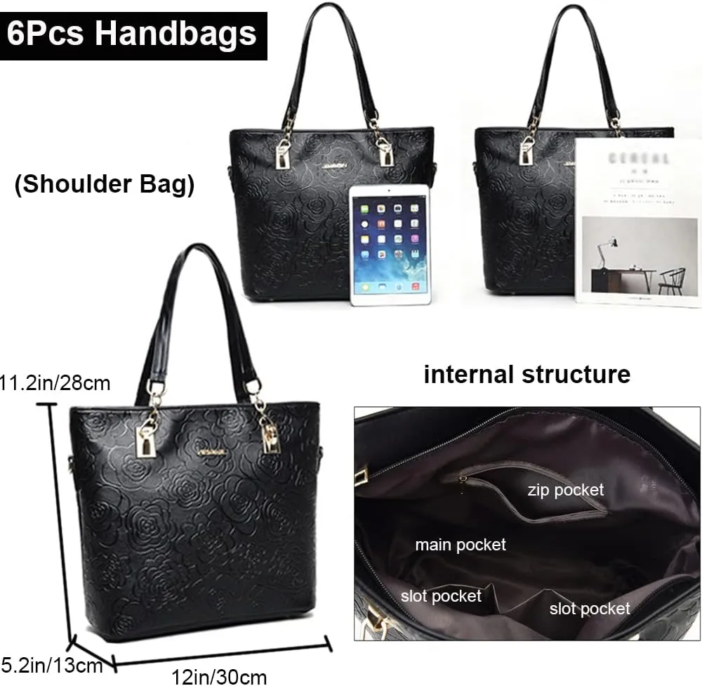 ZiMing Women Handbags Set 6Pcs Floral Print Leather Purses Tote Bags Top Handle Handbag Satchel Shoulder Crossbody Bag Wallet
