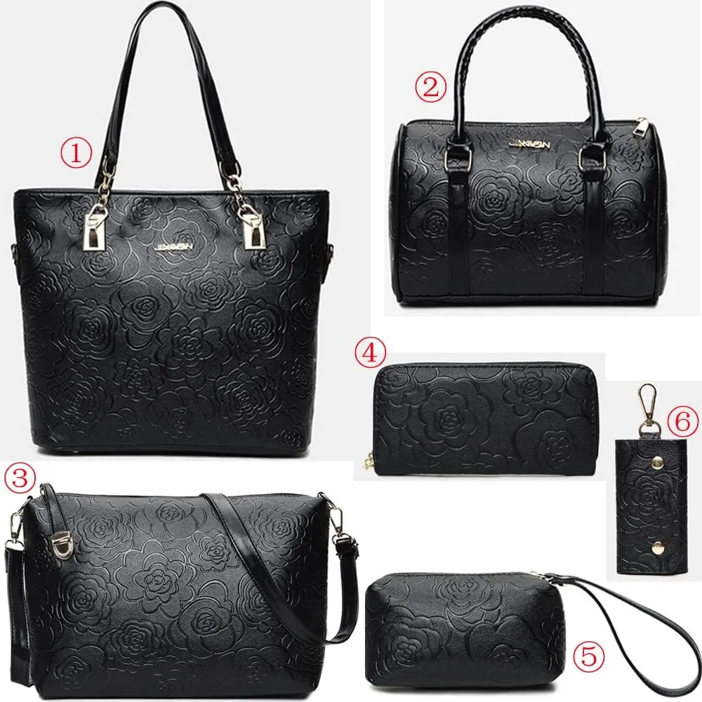 ZiMing Women Handbags Set 6Pcs Floral Print Leather Purses Tote Bags Top Handle Handbag Satchel Shoulder Crossbody Bag Wallet