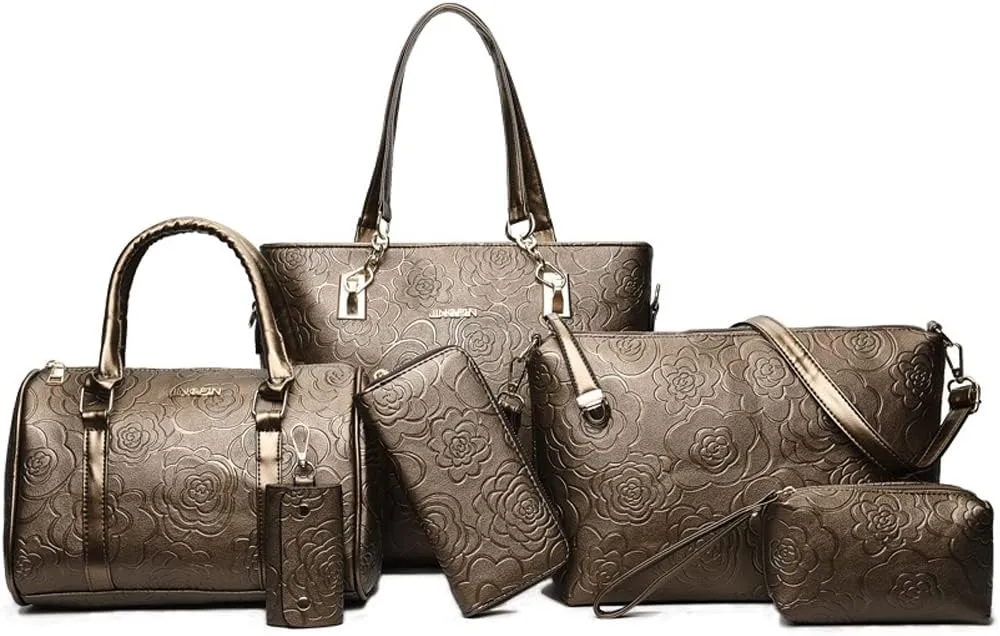 ZiMing Women Handbags Set 6Pcs Floral Print Leather Purses Tote Bags Top Handle Handbag Satchel Shoulder Crossbody Bag Wallet